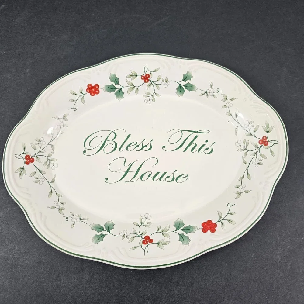 Pfaltzgraff Winterberry Oval Ceramic BLESS THIS HOUSE Holly Platter Plate